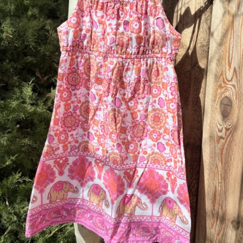 Kids sundress, india-inspired pattern, pink / coral, sz 7